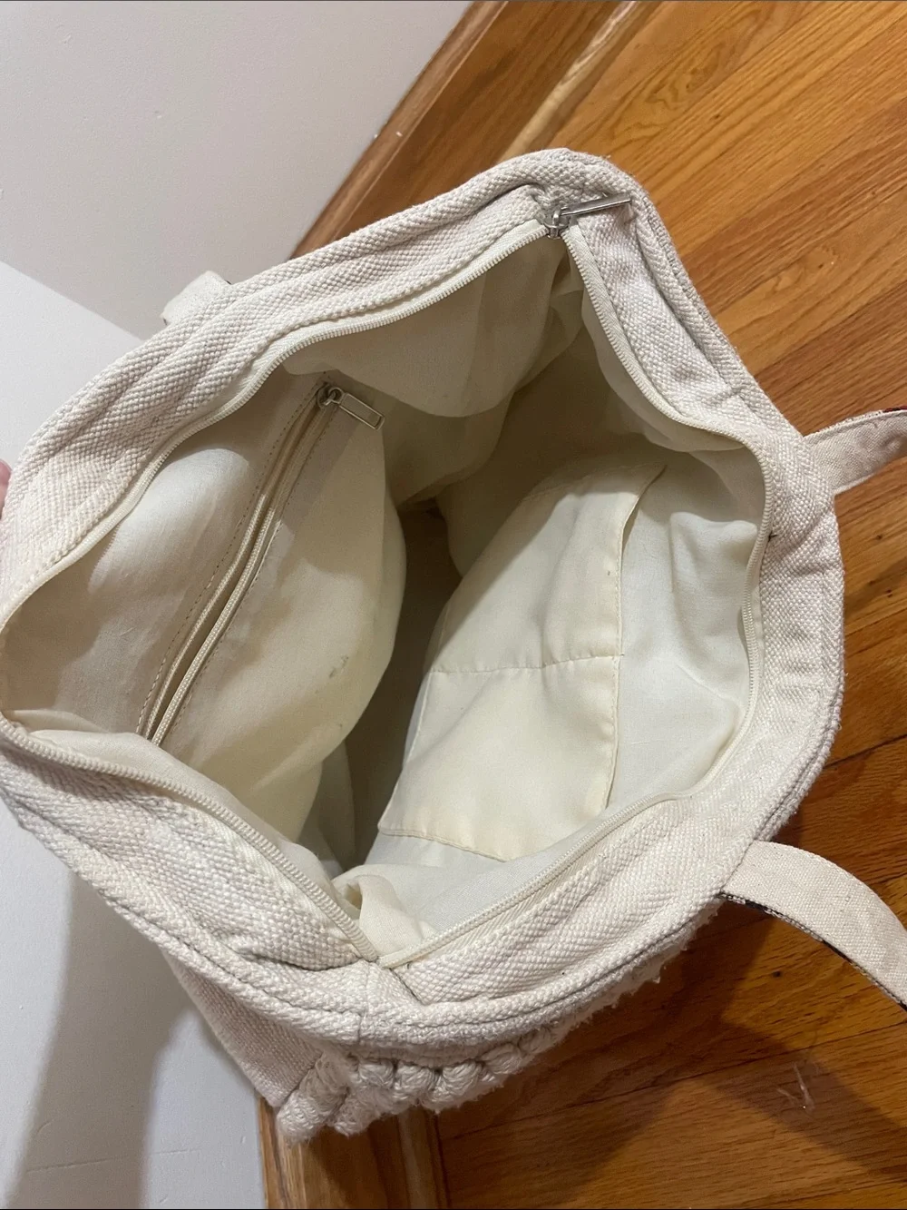Woven Cream Tote Bag with Patterned Straps